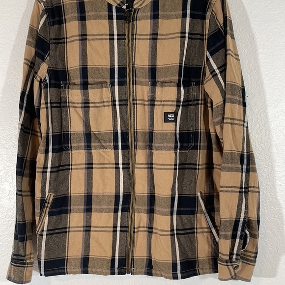 VANS CLASSIC FIT PLAID FLANNEL FULL ZIP SHACKET TAN GRAY JACKET POCKETS SMALL - Picture 2 of 7